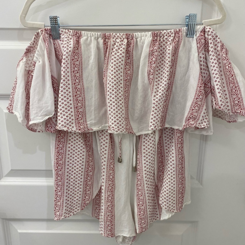 RED & WHITE PAISLEY OFF THE SHOULDER ROMPER